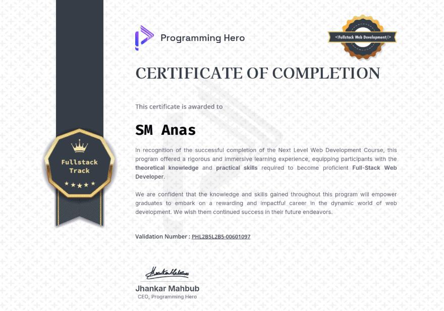 Next Level Web Development certificate