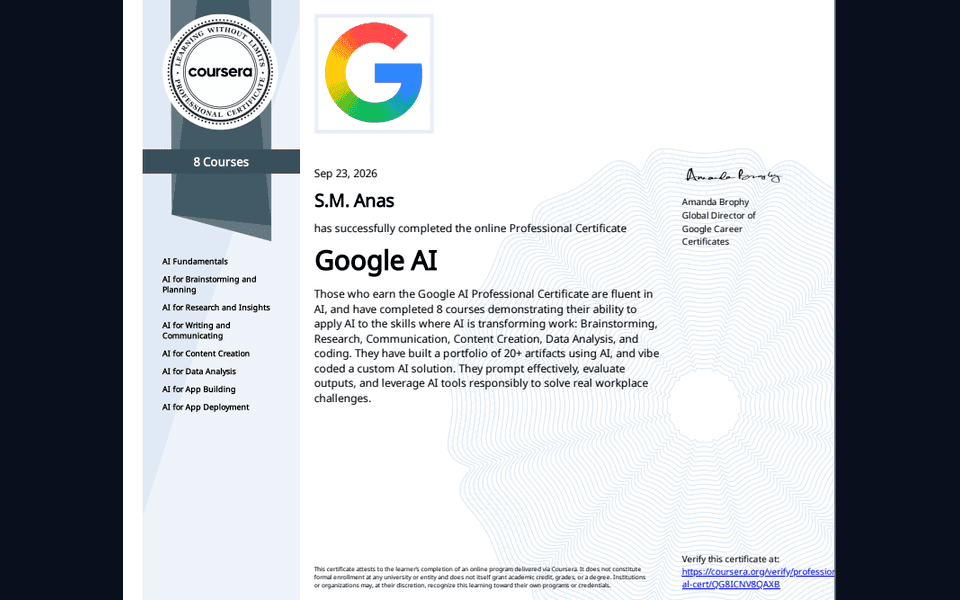 Google AI Professional Certificate certificate
