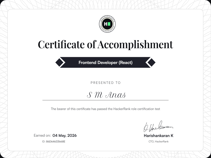 Frontend Developer (React) certificate
